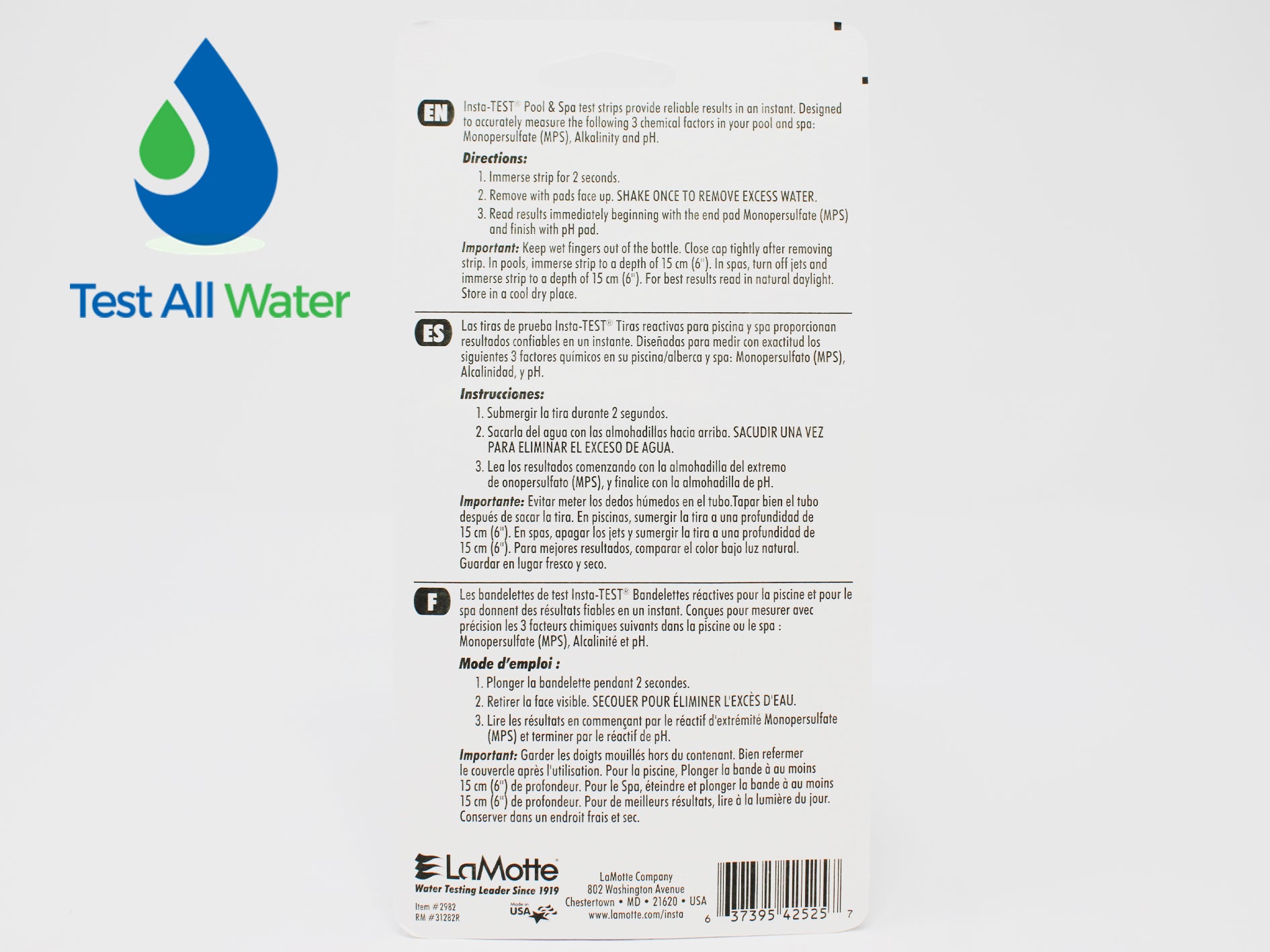 La Motte Insta-TEST® Monopersulfate (MPS), Alkalinity, pH Test Strips