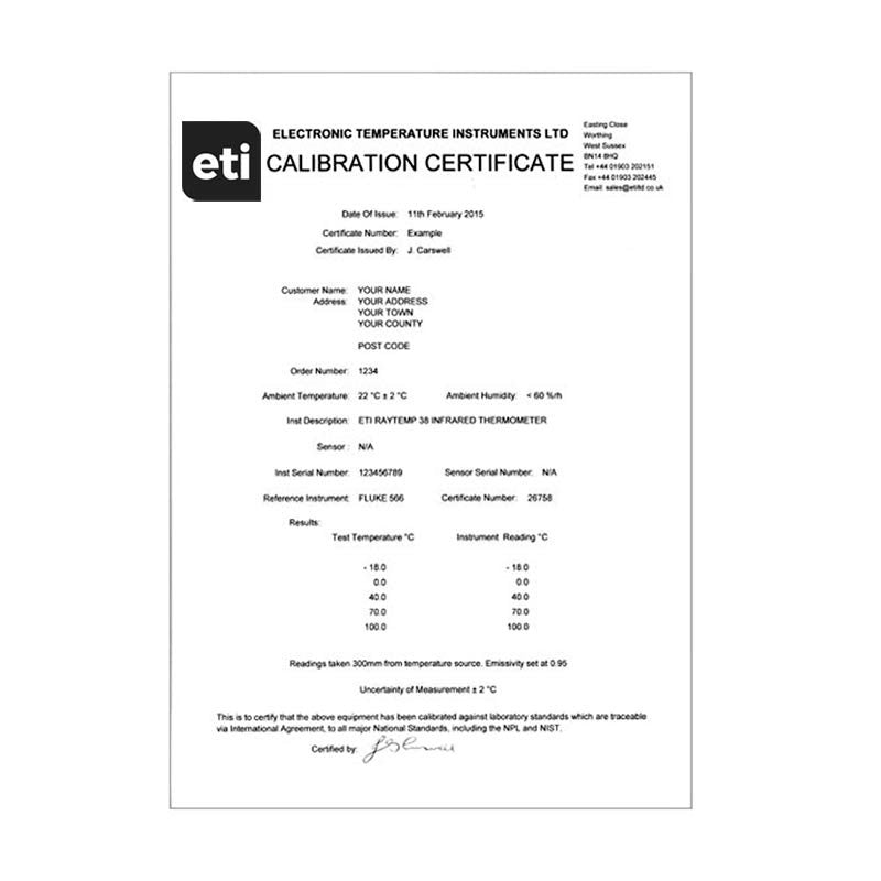 4 point Traceable IR Certificate - Instrument Only (0, +40, +70, +100°C)