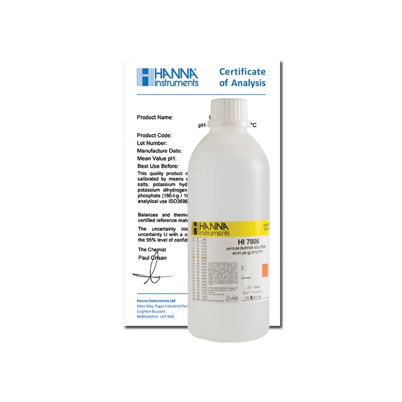 Hanna Instruments HI-7006L/C pH 6.86 Buffer Solution, 500 mL bottle & Certificate of Analysis