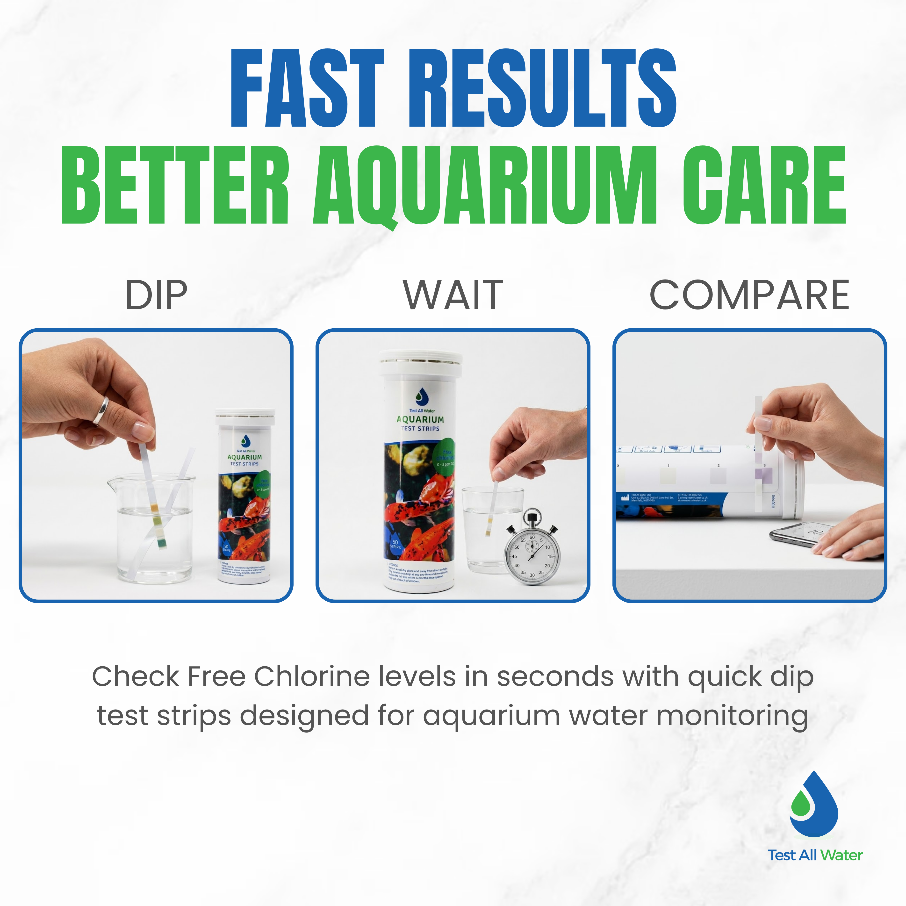 Aquarium Free Chlorine 3, 50 strips/pk Test All Water