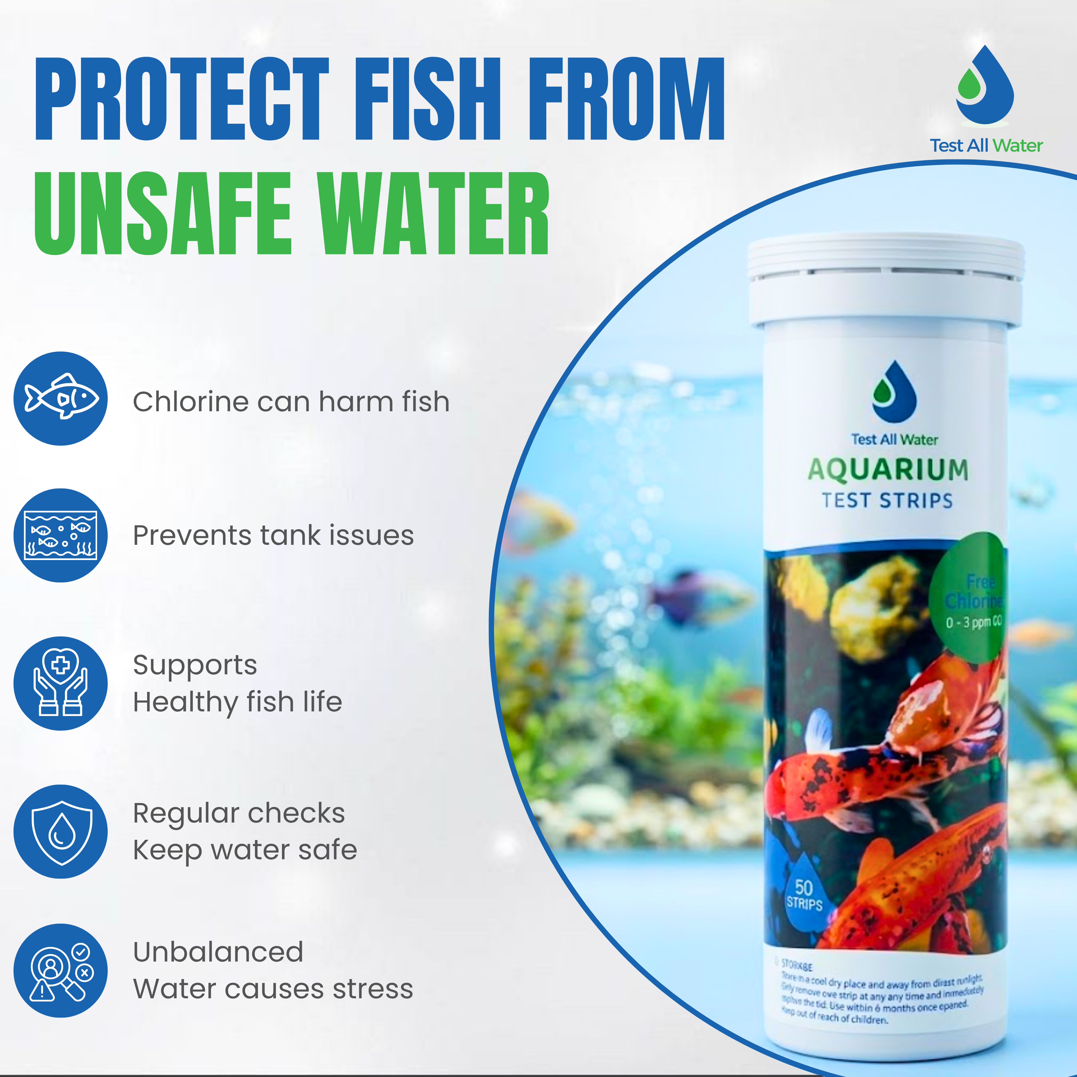 Aquarium Free Chlorine 3, 50 strips/pk Test All Water