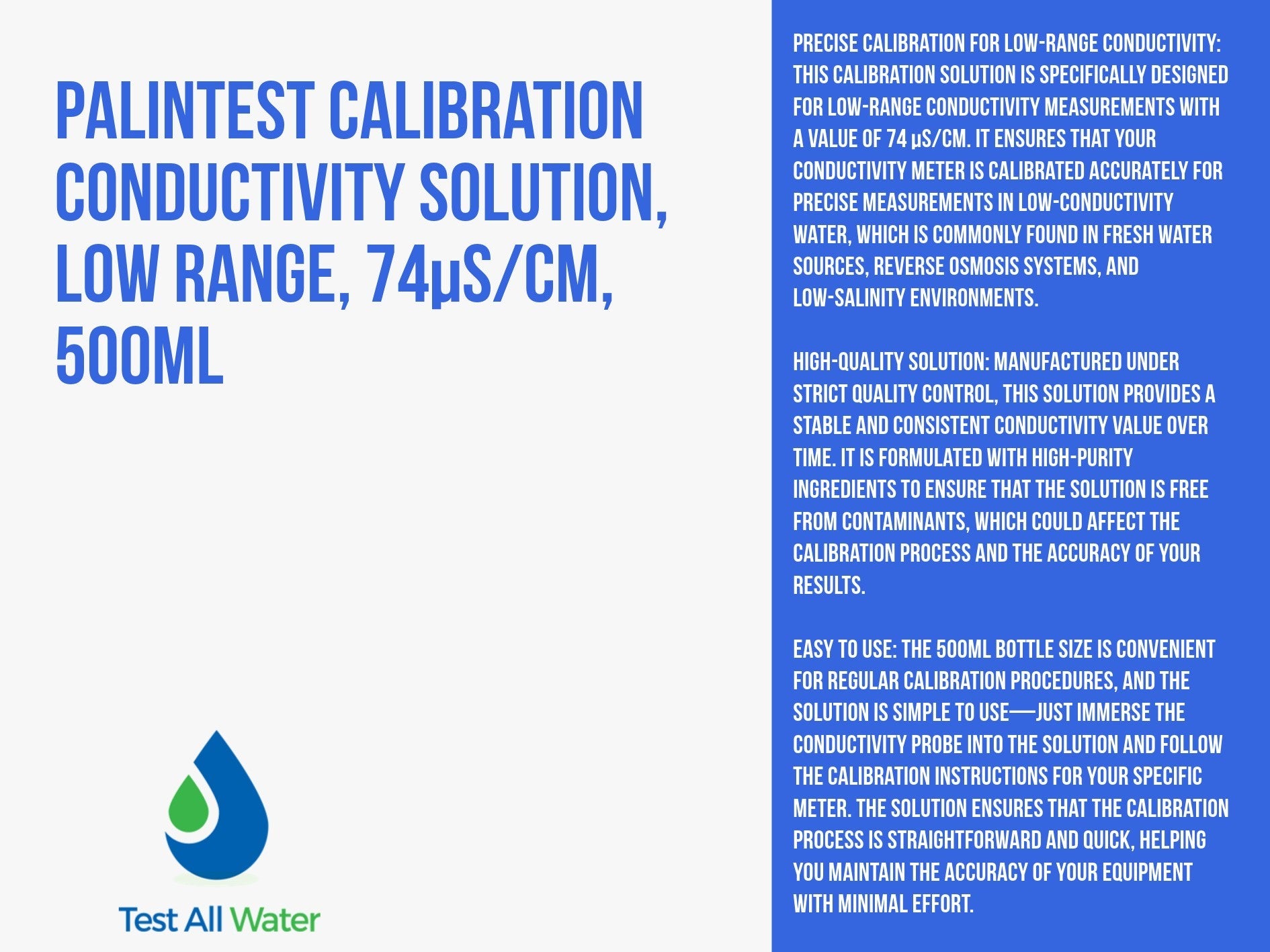 Palintest Calibration Conductivity Solution, Low Range, 74S/cm, 500mL Expired 06/26