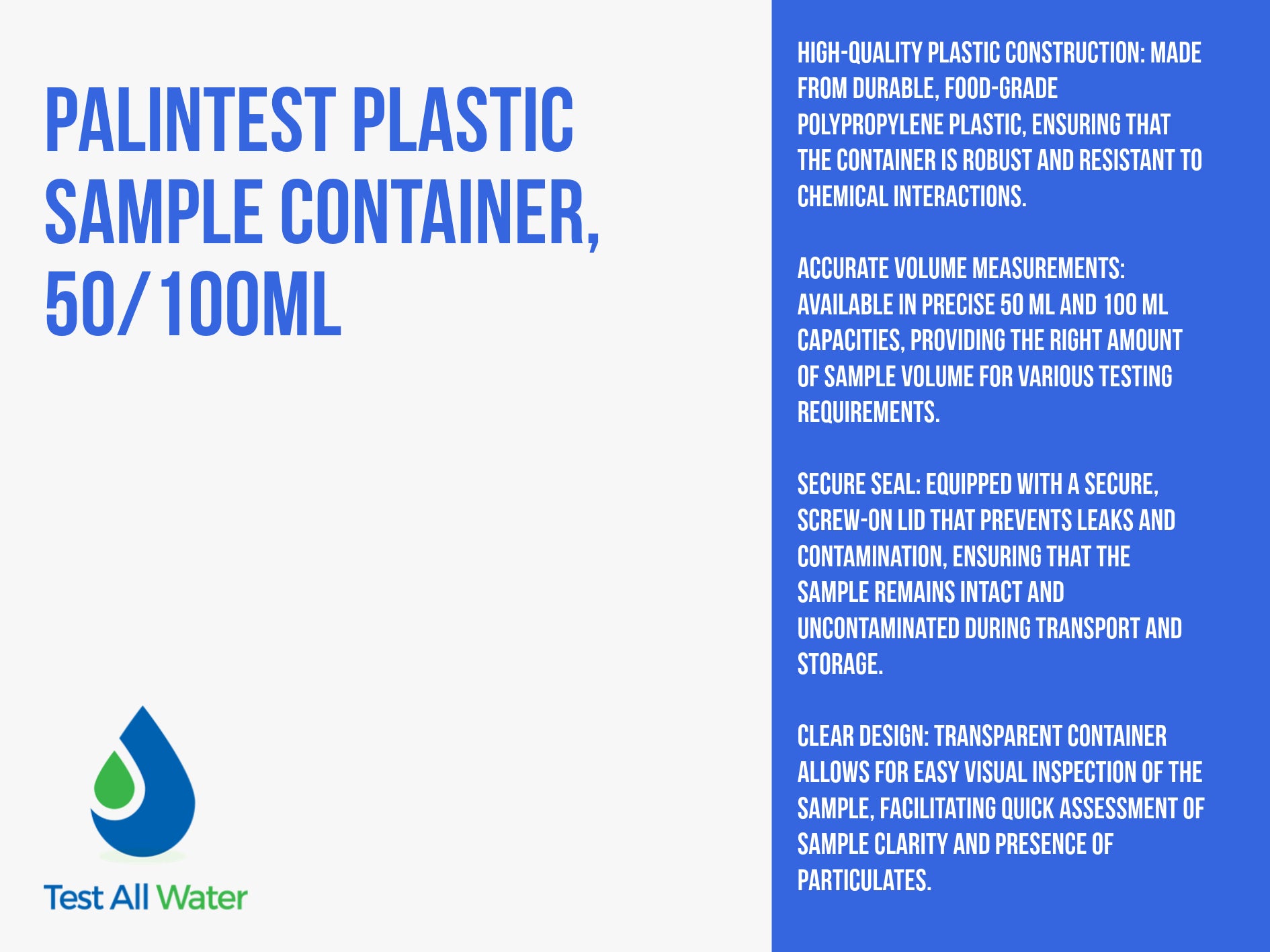 Palintest Plastic Sample Container, 50/100ml