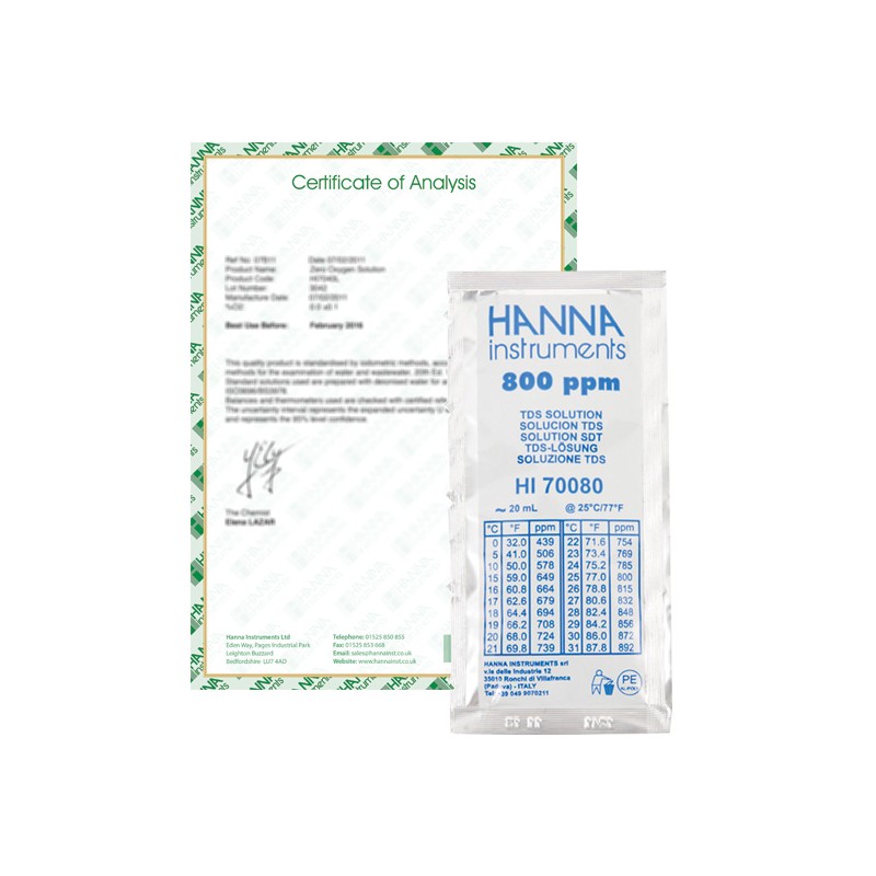 Hanna Instruments HI-70080C 800 mg/L (ppm) TDS Calibration Solution, x25 Sachets with Certificate