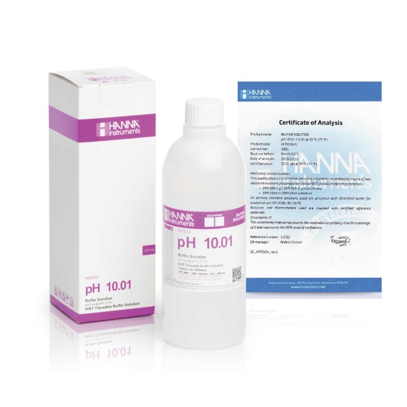 Hanna Instruments HI-7010L/C pH 10.01 Buffer Solution, 500 mL bottle with Certificate of Analysis