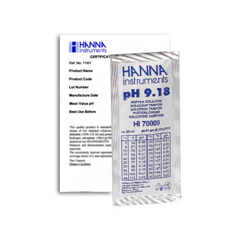 Hanna Instruments HI-70009C pH 9.18 Buffer Sachets, 25 x 20 mL sachets & certificate of analysis
