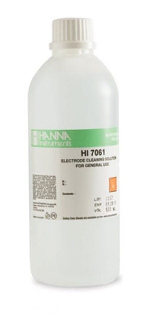 A bottle of Hanna Instruments-7061L General Purpose Electrode Cleaning Solution, 500mL.