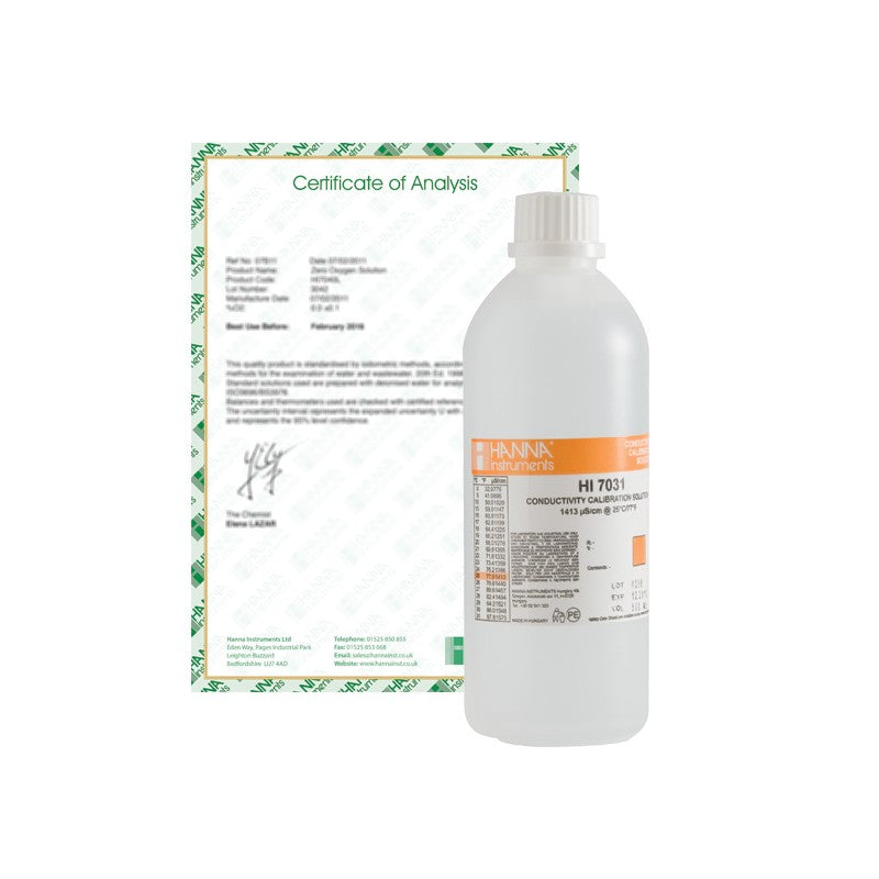 Hanna Instruments HI-7031L/C 1 413uS/cm Conductivity Solution, 500mL bottle with certificate