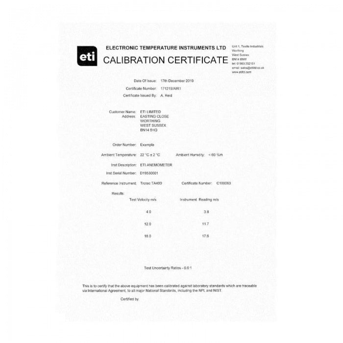 3 Point - Traceable Anemometer Certificate