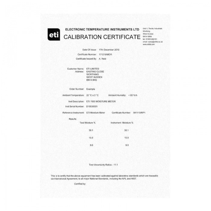 3 Point - Traceable Moisture Meter Certificate