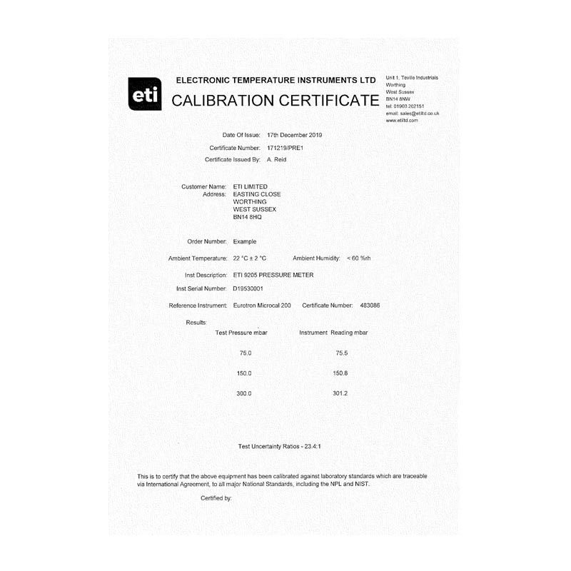 3 Point - Traceable Manometer Certificate