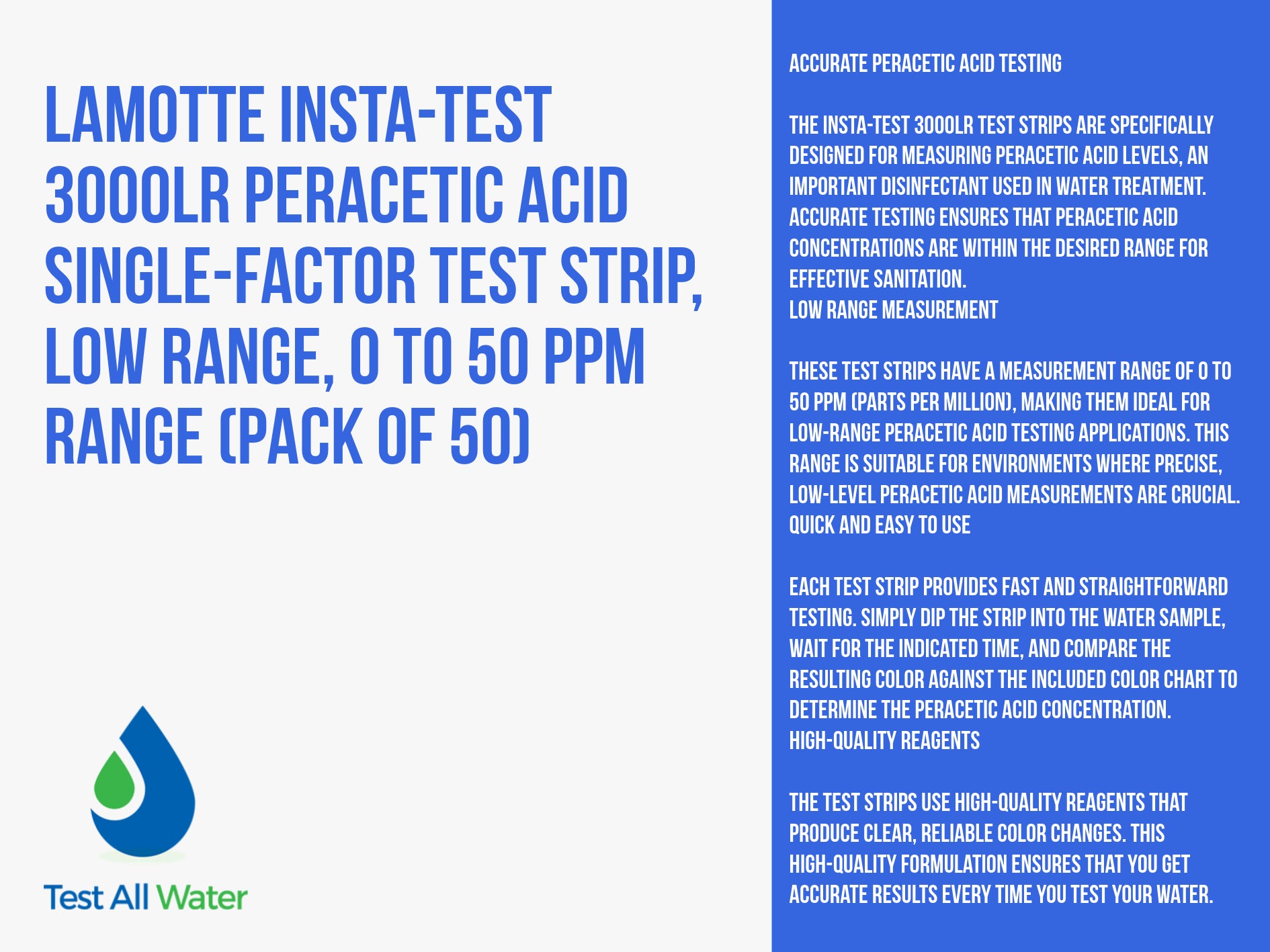 La Motte Peracetic Acid Test Strips - Low Range 0-50