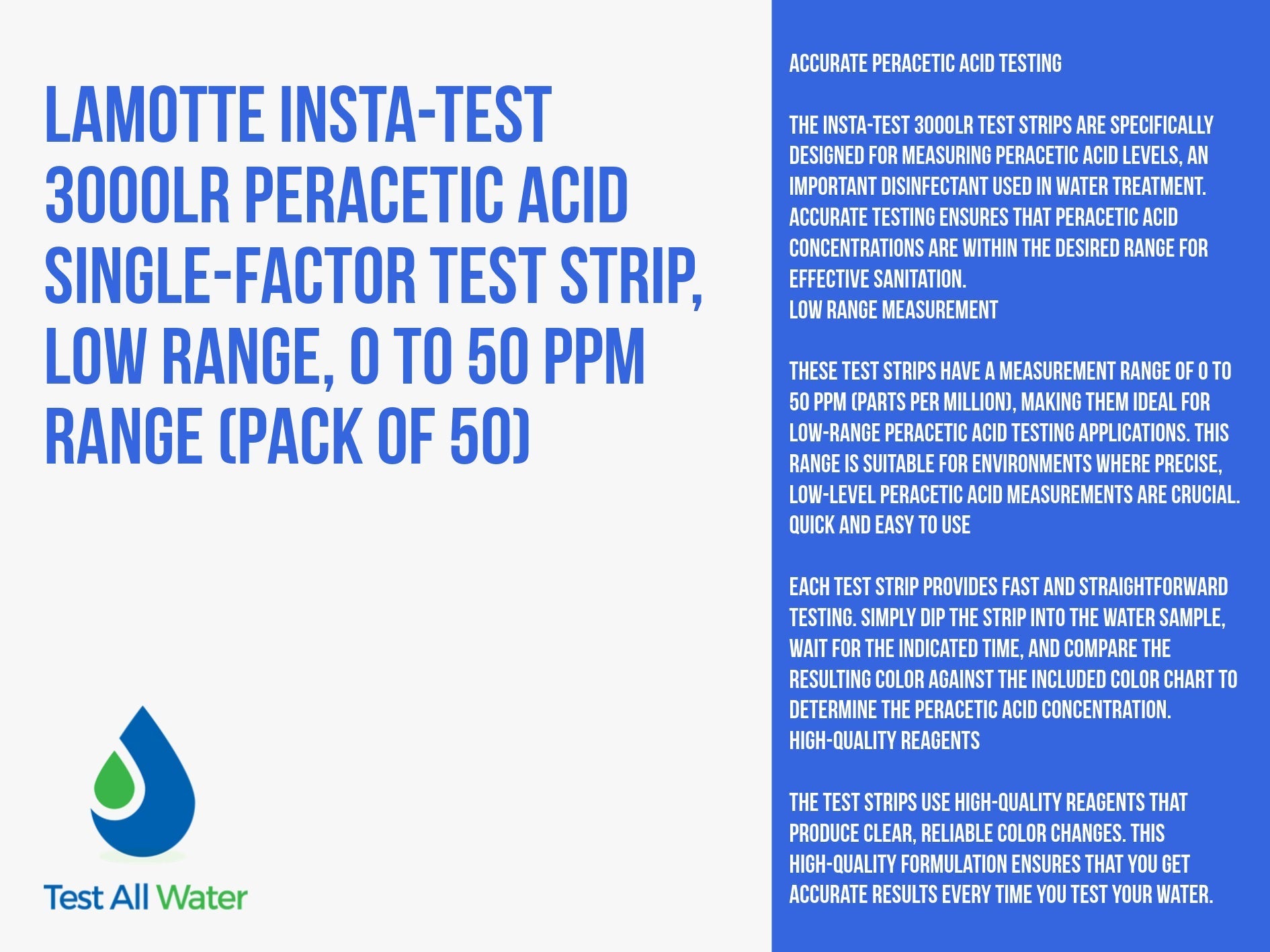 La Motte Peracetic Acid Test Strips - Low Range 0-50 Expired 06/26