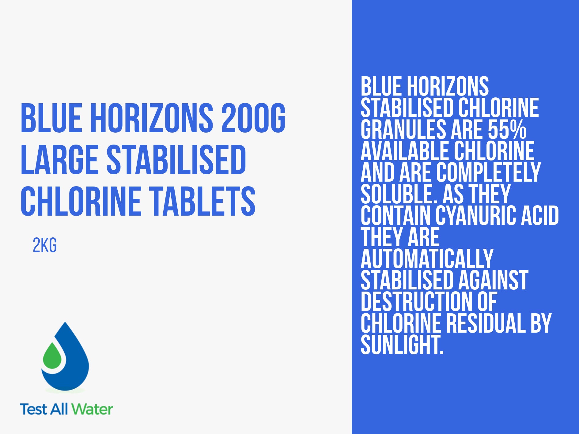Blue Horizons 200g Large Stabilised Chlorine Tablets- Use CLTAB2002OL / CLTAB2005OL if out of stock