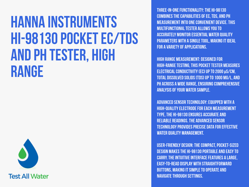 Hanna Instruments Pocket EC/TDS and pH Tester, High Range