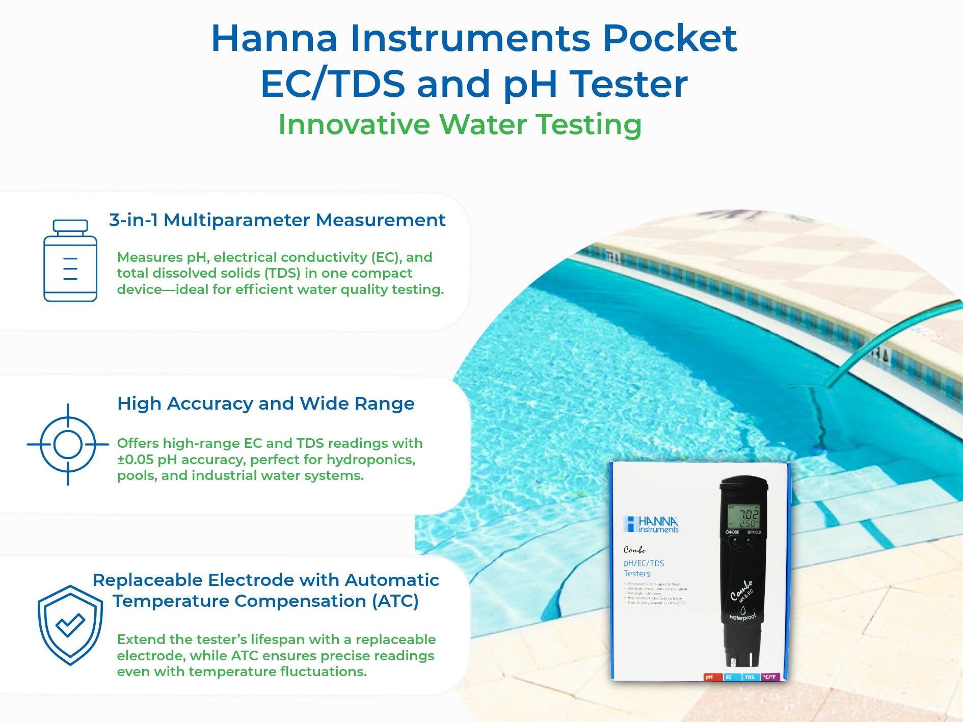 Hanna Instruments Pocket EC/TDS and pH Tester, High Range