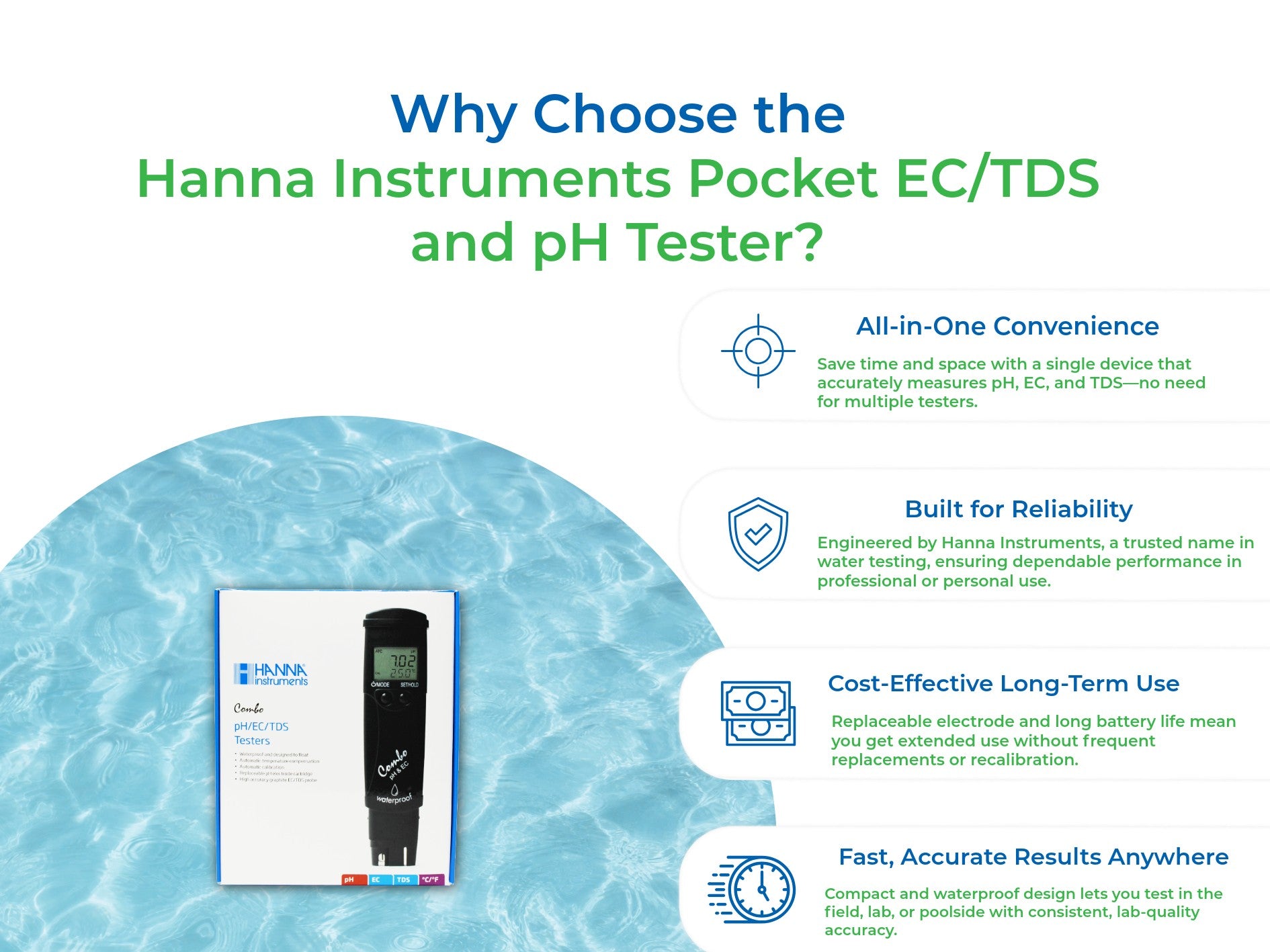 Hanna Instruments Pocket EC/TDS and pH Tester, High Range