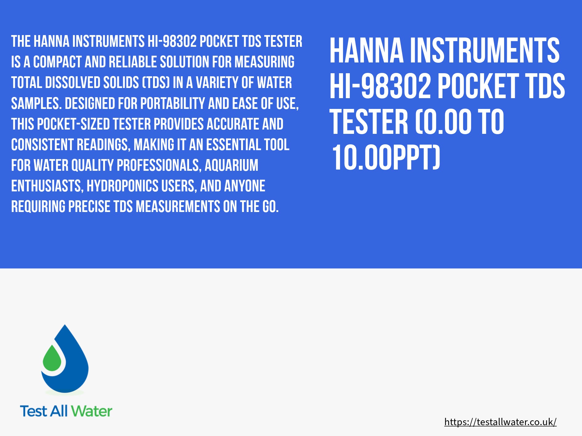 Hanna Instruments HI-98302 Pocket TDS Tester (0.00 to 10.00ppt)