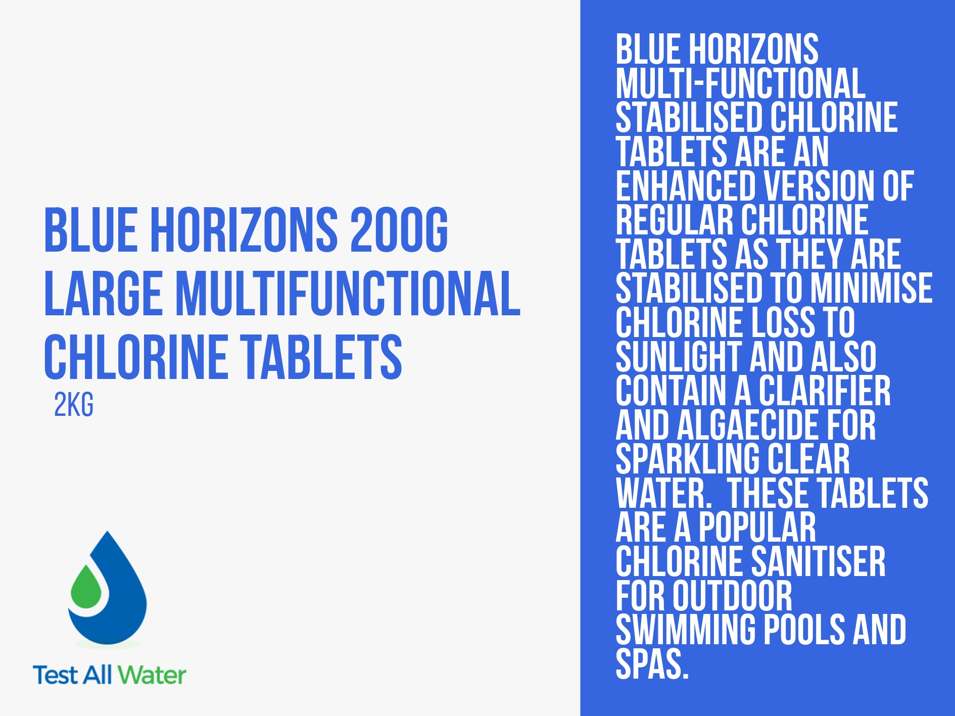 Blue Horizons 200g Large Multifunctional Chlorine Tablets 2kg - Use MFTAB2002OL if out of stock
