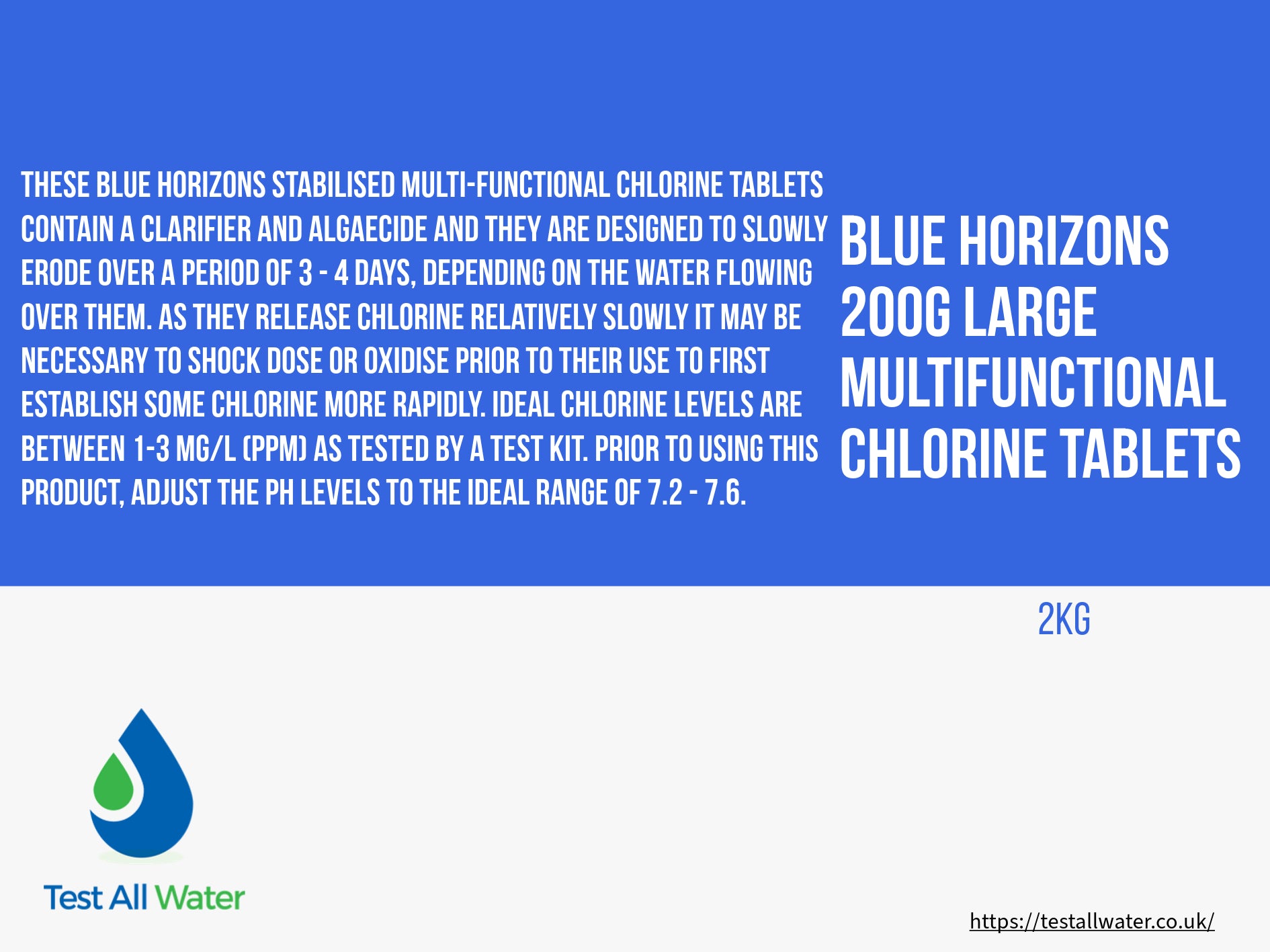 Blue Horizons 200g Large Multifunctional Chlorine Tablets 2kg - Use MFTAB2002OL if out of stock