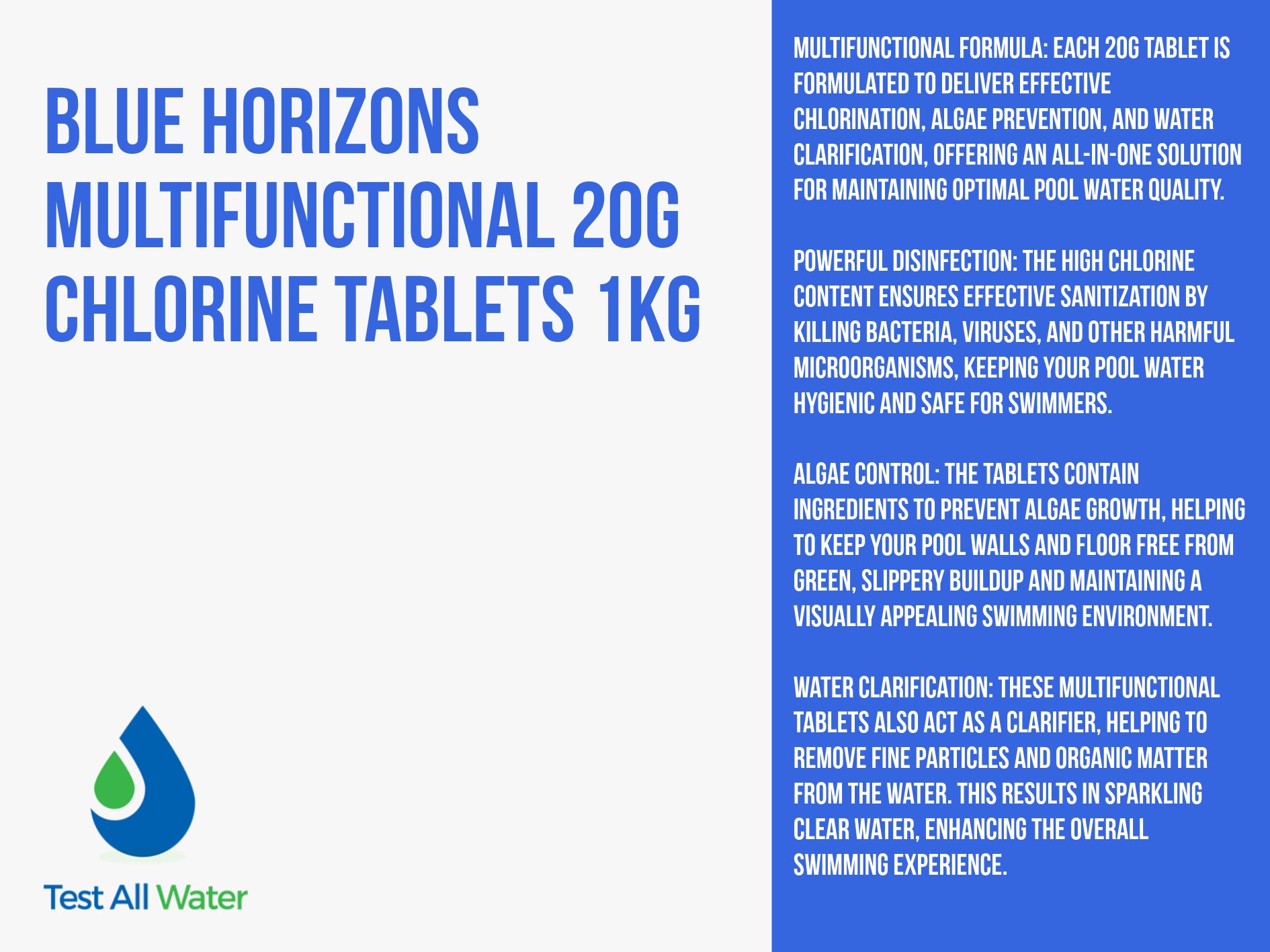 Blue Horizons Multifunctional 20g Chlorine Tablets 1kg - Use MFTAB201OL as alternative