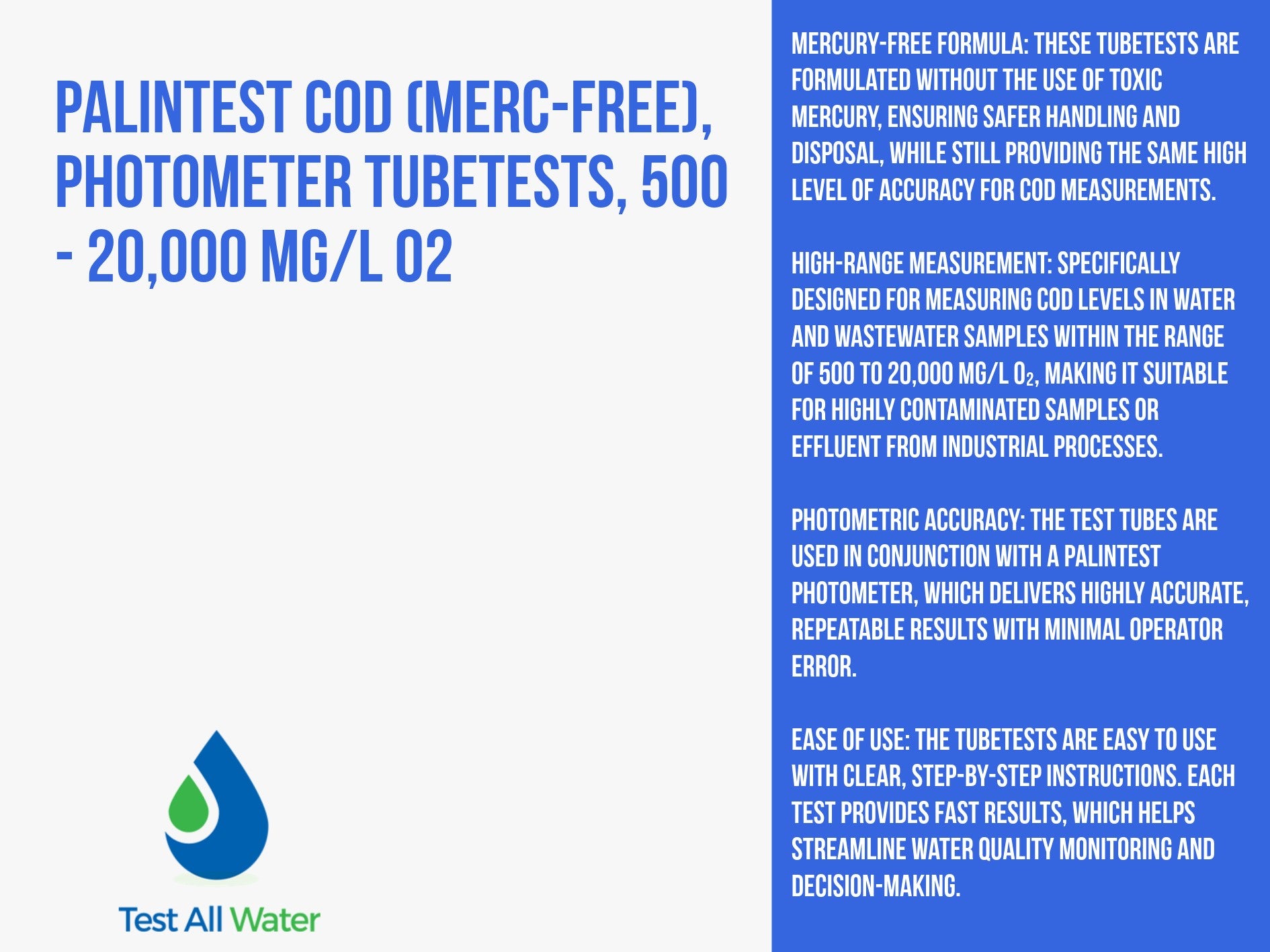 Palintest COD (Merc-Free), Photometer Tubetests, 500 - 20,000 mg/L O2