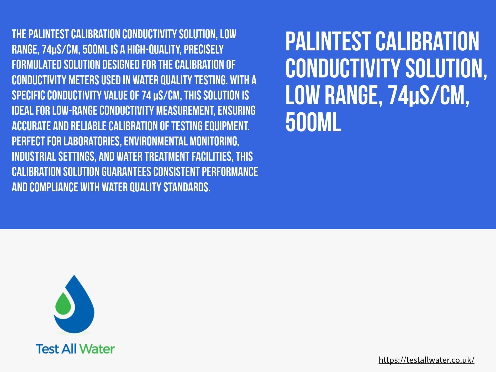 Palintest Calibration Conductivity Solution, Low Range, 74S/cm, 500mL Expired 06/26