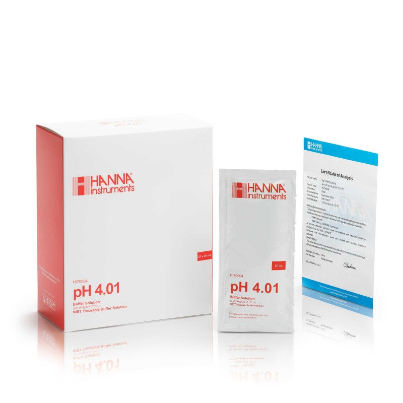 Hanna Instruments HI-70004C pH 4.01 Buffer Sachets,  25 x 20 mL sachets & certificate of analysis