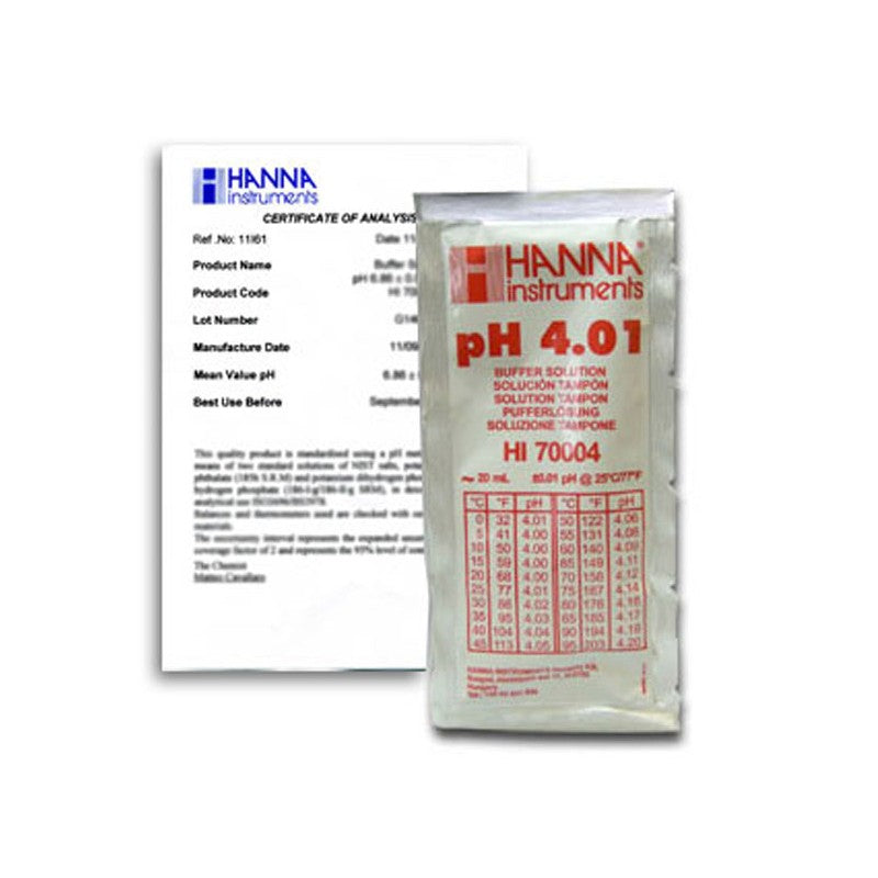 Hanna Instruments HI-70004C pH 4.01 Buffer Sachets,  25 x 20 mL sachets & certificate of analysis