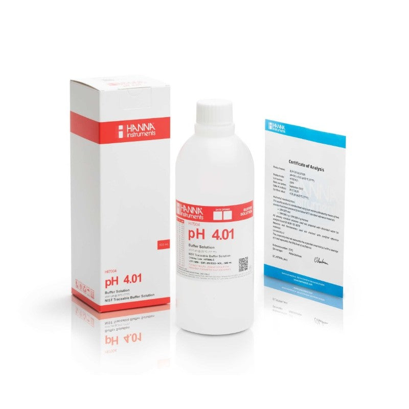 Hanna Instruments HI-7004L/C pH 4.01 Buffer Solution, 500 mL bottle & Certificate of Analysis
