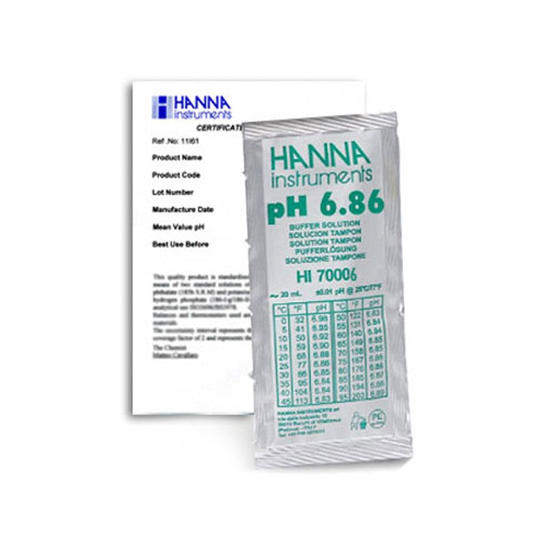 Hanna Instruments HI-70006C pH 6.86 Buffer Sachets,  25 x 20 mL sachets & certificate of analysis