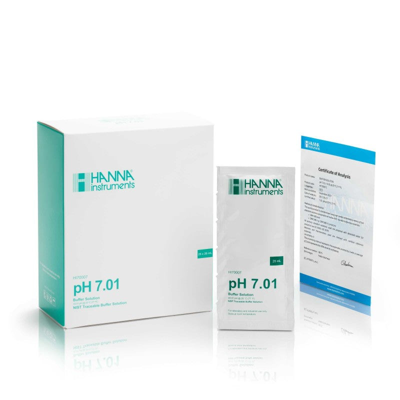 Hanna Instruments HI-70007C pH 7.01 Buffer Sachets,  25 x 20 mL sachets & certificate of analysis