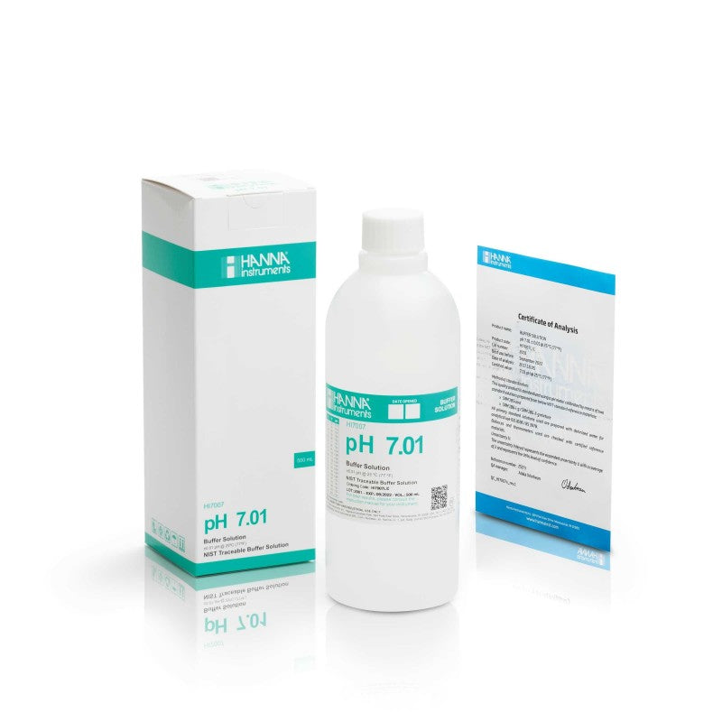 Hanna Instruments HI-7007L/C pH 7.01 Buffer Solution, 500 mL bottle & Certificate of Analysis